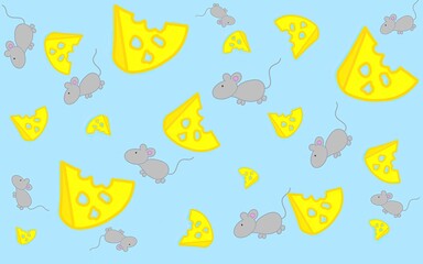 Naklejka premium Cartoon pattern of cheese and mice. Pattern for children. Illustration with mice and a slice of cheese for printing on fabric, paper, bed linen, pajamas, stationery, wallpaper, notepads, dishes. 