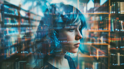 Young woman overlaid with library.