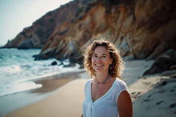 Fototapeta na wymiar Portrait of woman with curly hair, Caucasian, her 50th, casual summer clothes, enjoys day, natural light, perfect for relaxed lifestyle. Defocused rocks and sea shore against background