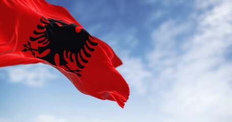 Close-up view of the Albanian national flag waving in the wind - 770522049