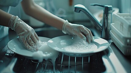 A woman washes dishes in the kitchen, her hands gently washing two plates with soap suds on them - obrazy, fototapety, plakaty