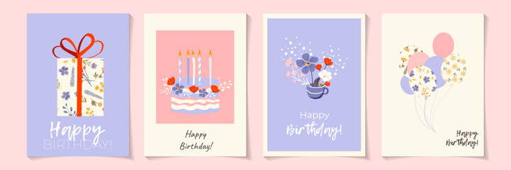 Set of lovely birthday cards design with cake, balloons, cute flowers typography design. Abstract universal artistic templates Poster, business card, invitation, flyer, banner, email header