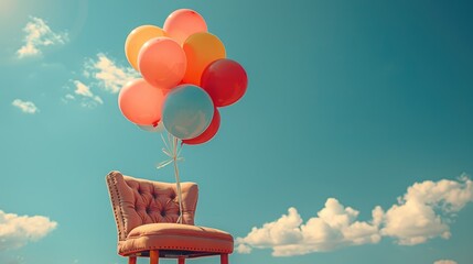 Colorful Balloons Tied To Chair Under Blue Sky - obrazy, fototapety, plakaty
