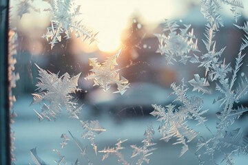 Frosty window glass with ice crystal patterns, cold winter weather backdrop, close-up photo - obrazy, fototapety, plakaty