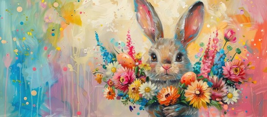 Vibrant Rabbit Bouquet:Enchanting Easter Acrylic Painting in Colorful Abstract Style