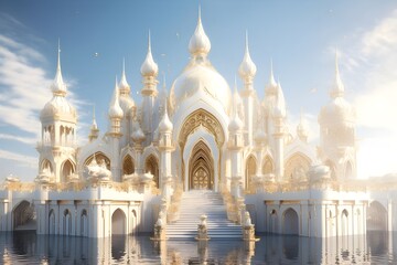 Fototapeta na wymiar Glorious Minarets - White and Gold Mosque in