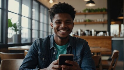 young african american man sitting in a cafe and looking at the phone - Powered by Adobe