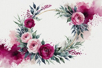 watercolor wedding pink roses wreath on white background