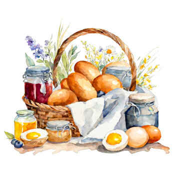 A rustic baslet with freshly baled bread, homemade preserves and farm fresh eggs, watercolor illustration, gift hamper, present, food, for scrapbook, cutout on white background