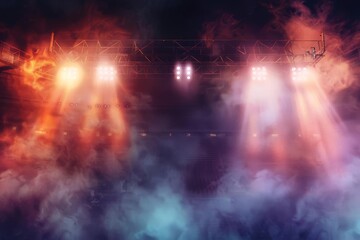 Fototapeta na wymiar Intense Stadium Floodlights and Smoke Effects, Dramatic Sports Arena Atmosphere, Digital Illustration