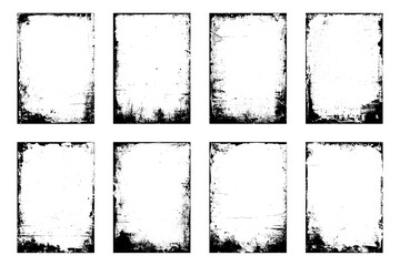 Set of the distressed vector grunge textures border isolated on white background. Old worn overlay distressed background. Vector illustration of rough, dirty, grainy design. 