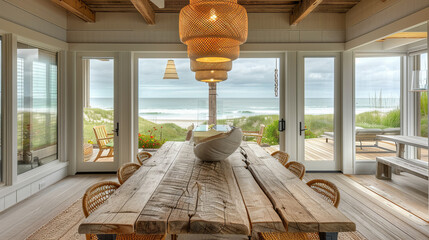 A stunning open dining area featuring a rustic table, woven chairs, and mesmerizing views of the ocean