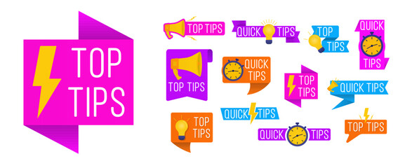 Quick tips shapes. Black - yellow speech bubble on white background with halftone effect. Quick tips, useful tricks logos, emblems and banners set isolated. Colorful tooltip, hint for website.
