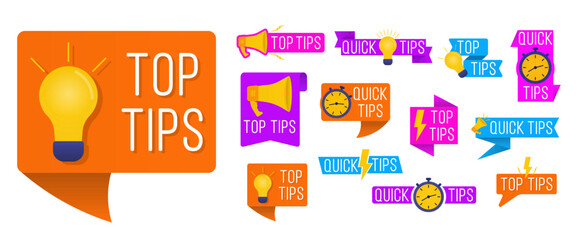 Quick tips shapes. Black - yellow speech bubble on white background with halftone effect. Quick tips, useful tricks logos, emblems and banners set isolated. Colorful tooltip, hint for website.
