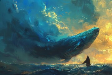 Jonah's Spiritual Journey with the Majestic Whale, Biblical Allegory Illustration, Digital Painting - obrazy, fototapety, plakaty