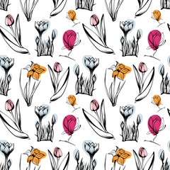 Seamless pattern with spring and summer colors. Sketch-style flowers pattern, hand-drawn on white background for unique packaging designs and flower shops in vintage style