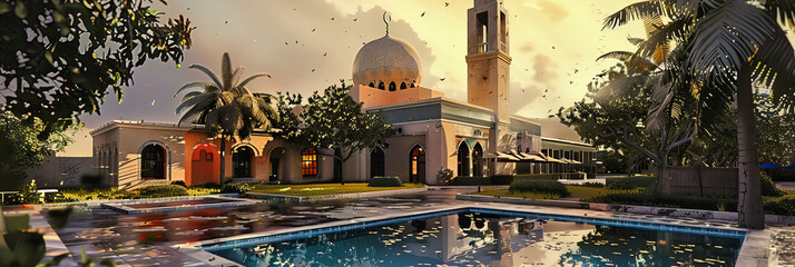 Ancient Islamic Architecture, The Beautiful Dome and Minarets of a Historic Mosque - obrazy, fototapety, plakaty