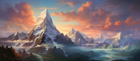 A beautiful painting capturing a majestic mountain range at sunset, with vibrant colors blending in the sky and fluffy cumulus clouds adding depth to the natural landscape - obrazy, fototapety, plakaty
