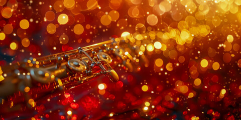 The shiny end of a wind instrument reflecting a sea of red and golden lights, giving a festive and musical mood - obrazy, fototapety, plakaty