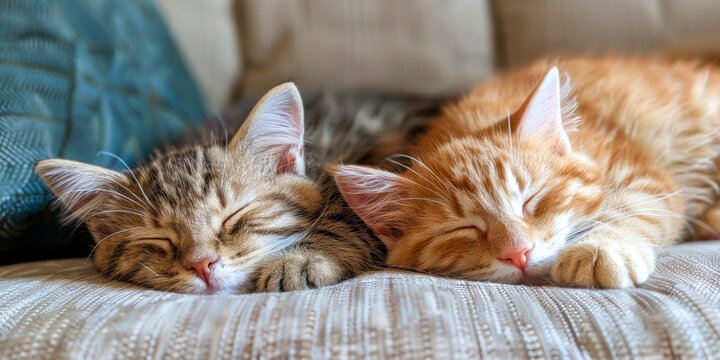 Two content felines, one creamy and one ginger-colored, sleeping peacefully side by side on an ornate cushion