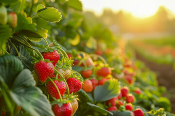 Lush strawberry plants bearing ripe fruit during a serene sunset, capturing the beauty of...
