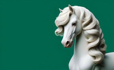 A white horse with a black nose and a black nose with green background, generative ai