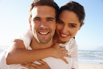 Portrait, people or piggyback to love, beach or date on romantic getaway in summer trip to Sydney....