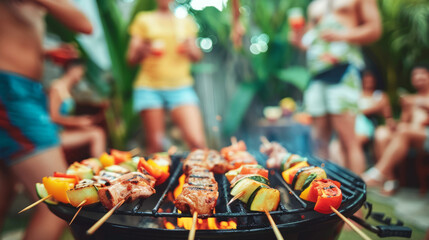 Group of friends having party outdoors. Focus on barbecue grill with food.  - obrazy, fototapety, plakaty
