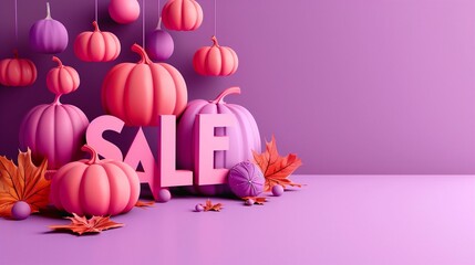 Promotional 3d purple Halloween background, illustration of orange and purple pumpkins and lettering "SALE" in kids animation style, full body shot in Cute style