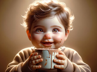 happy baby with a cup of cocoa
