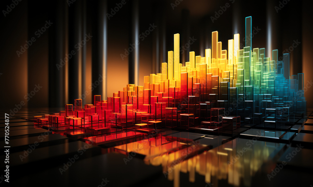 Poster three-dimensional business data visualization with gradient bars ranging from red to blue, depicting