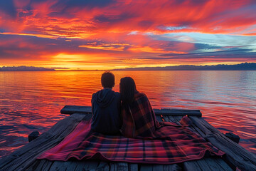 A couple sits closely on a dock, wrapped in a blanket, watching a stunning sunset with vivid clouds reflected on the water