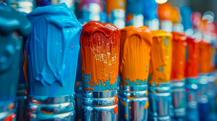 Vivid and Colorful Paintbrushes Dripping with Paint, Capturing the Creative Process in Artistic...
