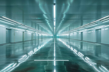 An empty industrial-style corridor with fluorescent lights and glossy floors .