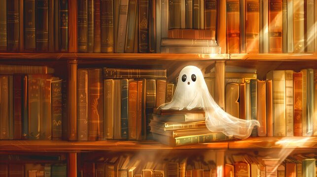 Halloween illustration cute little ghost sitting on a bookshelf with a candle among old dusty books. The style of the picture is classic book illustration.