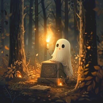Halloween illustration of a cute little ghost sitting in the night woods looking at a small light. The style of the picture is classic book illustration