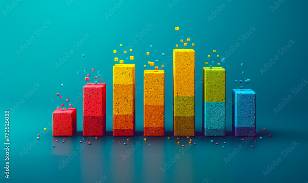 Poster colorful 3d bar graphs erupting in pixelated fragments, symbolizing dynamic data analysis and inform