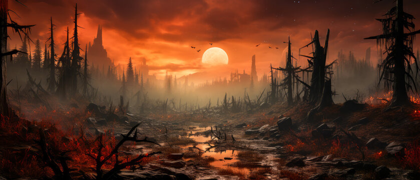 A dramatic, dystopian landscape at sunset, featuring silhouettes of destroyed trees and ruins with a large moon rising in the background