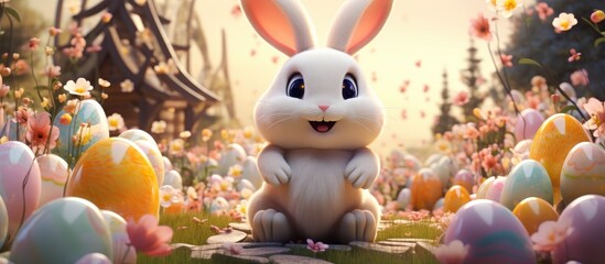 Chubby Rabbit Popping Out from Giant Easter Egg in Pastel-Colored Bunny Playground with Spring Flowers and Carrot Toys