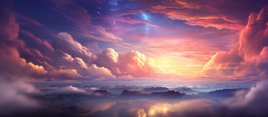 A beautiful painting depicting a sunset over a tranquil body of water, with fluffy cumulus clouds in the sky creating a stunning natural landscape in the afterglow of dusk - obrazy, fototapety, plakaty