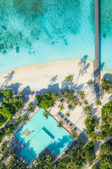 Nice tranquil Maldives island, luxury swimming pool resort aerial view. Beautiful sunny pristine sea bay beach background. Summer vacation holiday. Paradise shore palm tree shadow exotic landscape
