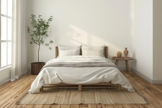 Modern Farmhouse Bedroom Interior with Hardwood Floor, Cozy Minimal Design, Digital Illustration