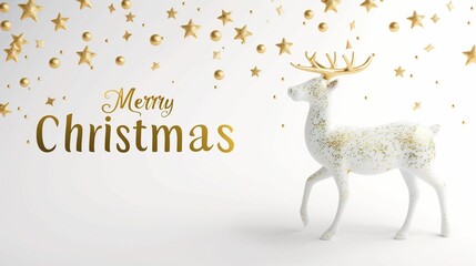3d Christmas illustration Cozy shiny silver sequined reindeer with golden antlers on white festive background with snowflakes, website banner with minimalistic and elegant design, 