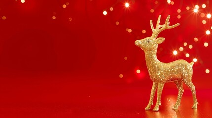 3d Christmas illustration Cozy shiny gold sequined reindeer on red festive background with snowflakes, website banner with minimalistic and elegant design - obrazy, fototapety, plakaty