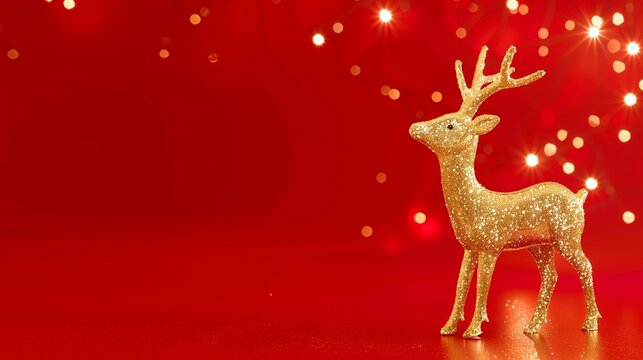 3d Christmas illustration Cozy shiny gold sequined reindeer on red festive background with snowflakes, website banner with minimalistic and elegant design
