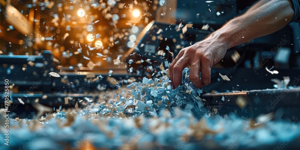 Poster an individual is seen working with a machine in a factory setting, focusing on the industrial proces