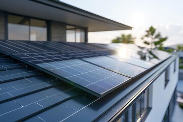 Photovoltaic solar panels installed on a modern house roof, harnessing sustainable energy for a greener future, realistic 3D rendering. - obrazy, fototapety, plakaty