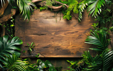 Tropical Greenery Encircling a Wooden Texture Background