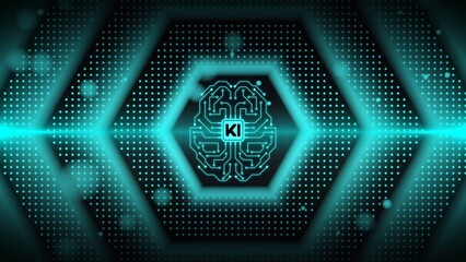 KI Electronic Brain with Artificial Intelligence symbol - hexagonal design background as hi-technology concept - 3D Illustration