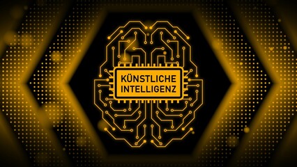 KI Artificial Intelligence (in german Kuenstliche Intelligenz) lettering - Electronic Brain with control panel Artificial Intelligence - hexagonal design background as a high-tech concept